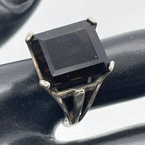 925 Sterling Silver Smoky Quartz Emerald Cut Cocktail Statement Ring Size 6.75